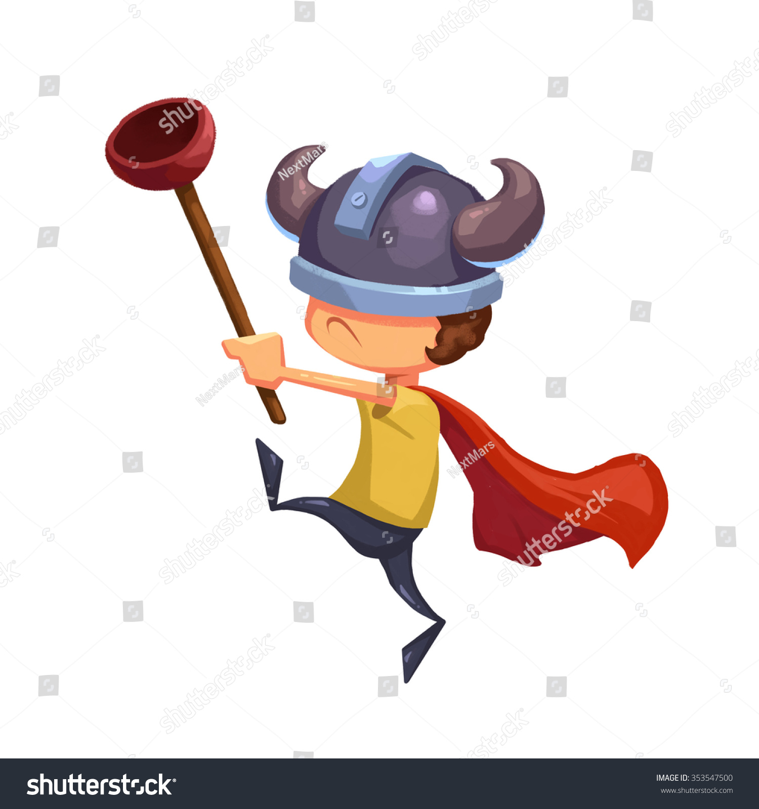 stock-photo-illustration-for-children-the-super-kid-hero-with-toilet-plunger-and-viking-hat-realistic-353547500